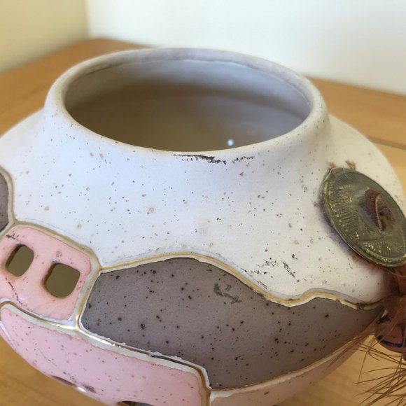 Adobe Desert Art Pottery Vase Tea Light Bowl with Cutouts Feather Concho Mexico - Picture 5 of 8